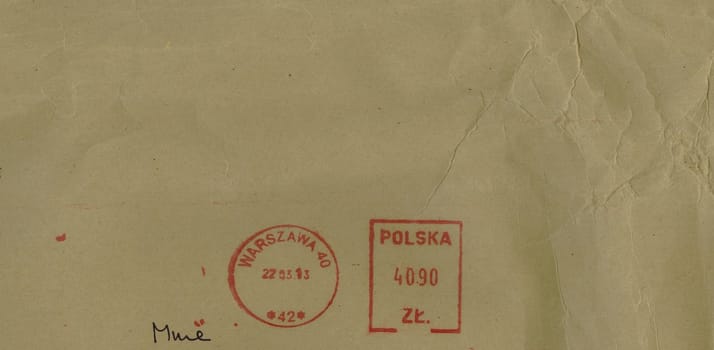 Postage meter from Warsaw printed with red ink over light brown envelope