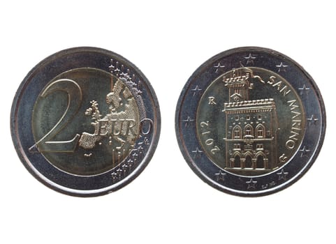 Two euro (EUR) coin from the Republic of San Marino - legal tender of the EU - isolated over white background