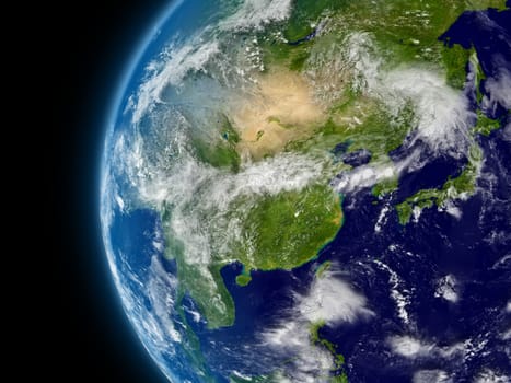 East Asia viewed from space with atmosphere and clouds. Elements of this image furnished by NASA.