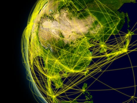 East Asia viewed from space with connections representing main air traffic routes. Elements of this image furnished by NASA.