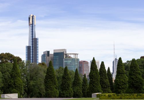 Early morning view of city of Melbourne in Australia taken from the Shrine of Remembrance