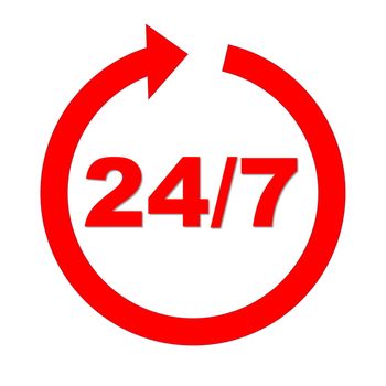 Red 24 upon 7 into circle arrow in white background
