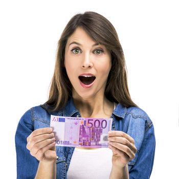 Beauitful woman holding some Euro currency notes, isolated over white background