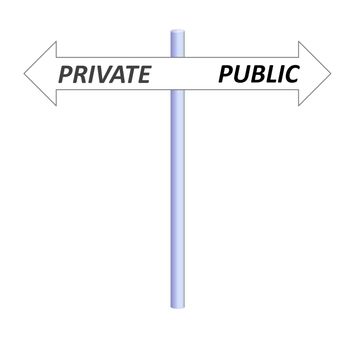Two opposite arrows leading to private or public on a post in white background