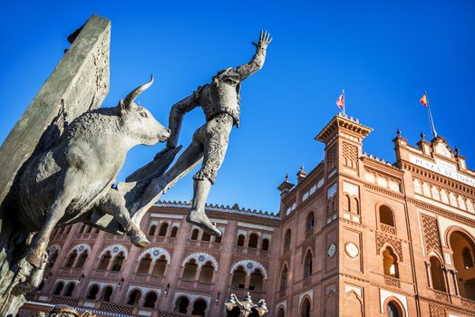 Madrid Landmark. Bullfighter sculpture in front of Bullfighting arena Plaza de Toros de Las Ventas in Madrid, a touristic sightseeing of Spain. 
