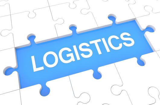 Logistics - puzzle 3d render illustration with word on blue background