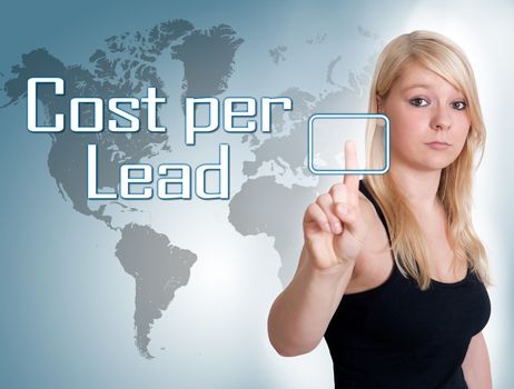 Young woman press digital Cost per Lead button on interface in front of her