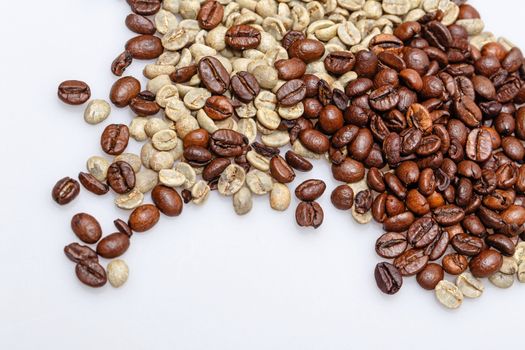 Grain roasted green and black coffee photographed closeup background