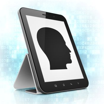 Advertising concept: black tablet pc computer with Head icon on display. Modern portable touch pad on Blue Digital background, 3d render