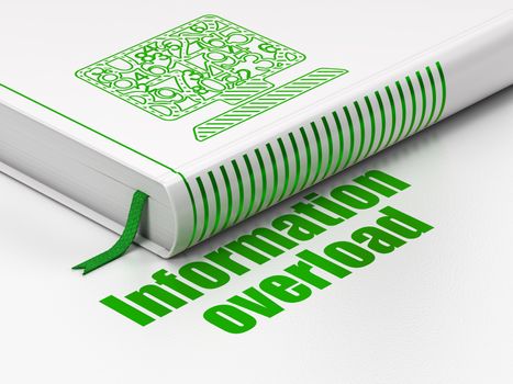 Information concept: closed book with Green Computer Pc icon and text Information Overload on floor, white background, 3d render