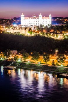 Night skyline of Bratislava with castle and Danube river, Bratislava, Slovakia