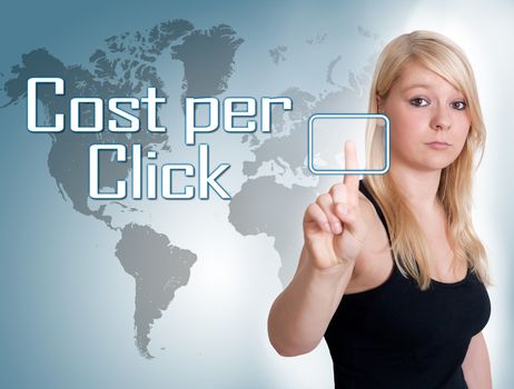 Young woman press digital Cost per Click button on interface in front of her
