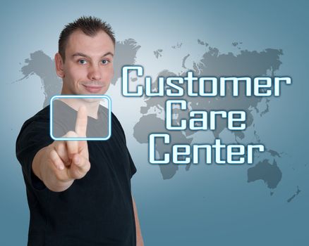 Young man press digital Customer Care Center button on interface in front of him