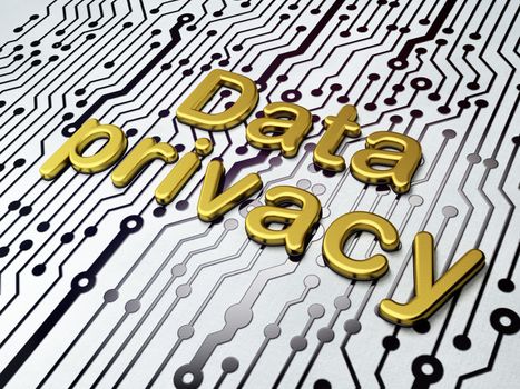 Privacy concept: Golden Data Privacy on Circuit Board background, 3d render
