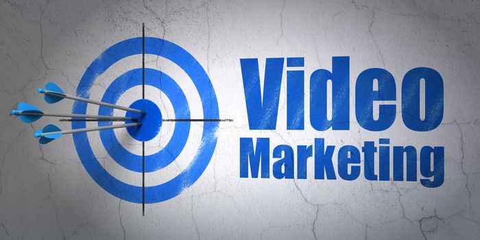 Success business concept: arrows hitting the center of target, Blue Video Marketing on wall background, 3d render