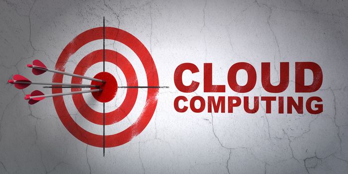 Success cloud technology concept: arrows hitting the center of target, Red Cloud Computing on wall background, 3d render