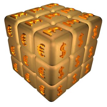 Golden cube with money symbols, 3d render