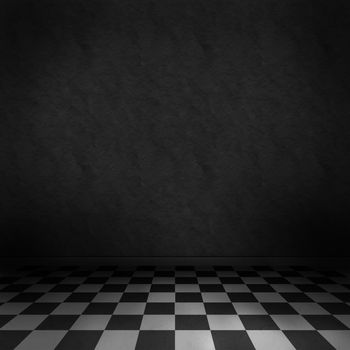 Empty, dark, psychedelic room with black and white checker on the floor and dark wall. Empty background texture for design.