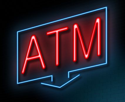 Illustration depicting an illuminated neon sign with an ATM concept.