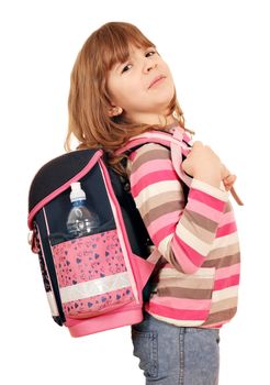 little girl carrying a heavy school bag 