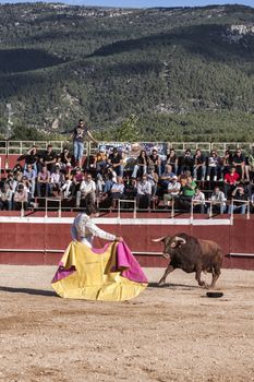 Beas de Segura, Jaen province, SPAIN - 11 october 2009: Bullfighter Alberto Lamelas bullfighting knees with your right hand gives a pass with the muleta in a very complicated position in the Bullring of Beas de segura,  Jaen province, Andalusia, Spain