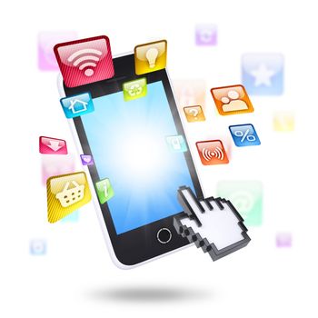 Smartphone and application icons. The concept of telecommunication technologies