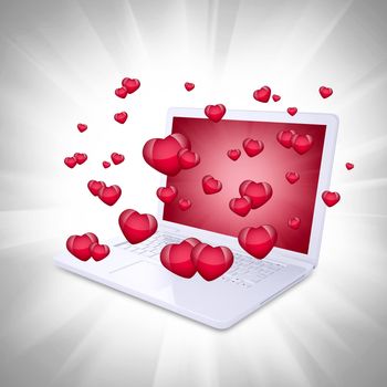 Red hearts fly out of the laptop. Computer technology concept on Valentine's Day