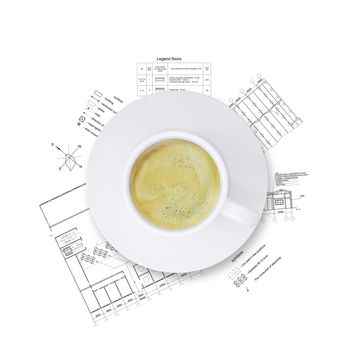 Desktop architect. Drawings and a cup of coffee