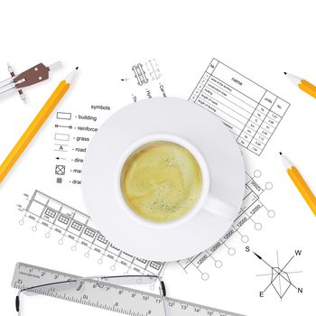 Desktop architect. Drawings, tools engineer and a cup of coffee