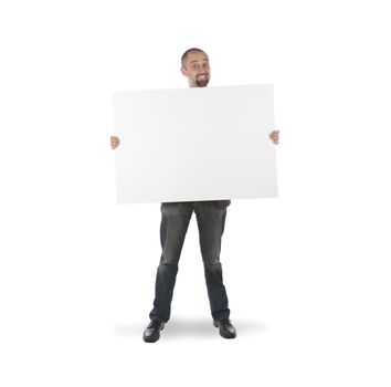Businessman holding a big card, isolated on white