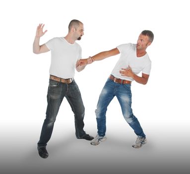 Man attacking other man, isolated on white