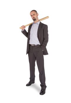 Angry looking man with bat, isolated on a white background