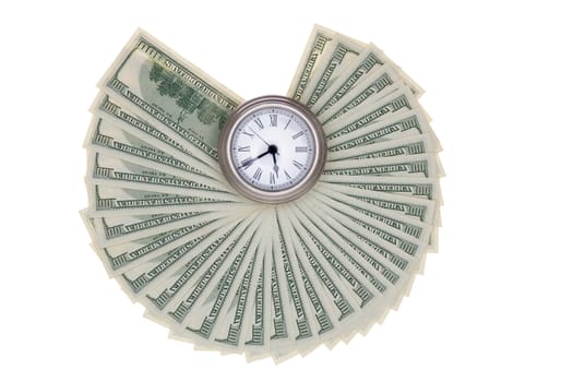American dollar bills fanned out around a pocket watch isolated on a white background in a financial concept depicting timing, urgency and deadlines in investment and business