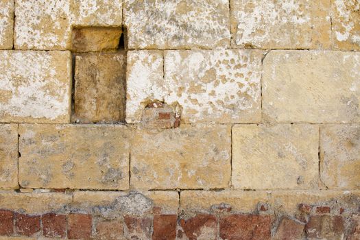 Old weathered wall with chips and remnants of paint.
