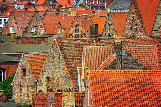 Detail view of old orange rooftops in historical town, Bruges, Belgium