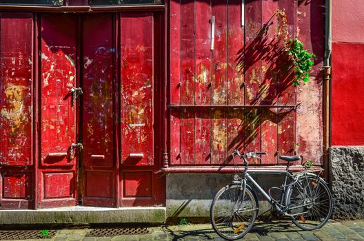 Red wooden textured wall with door and bicycle