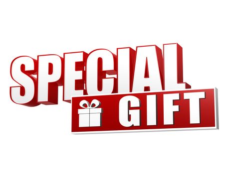 special gift and present box symbol - text in 3d red and white letters and block, business holiday concept