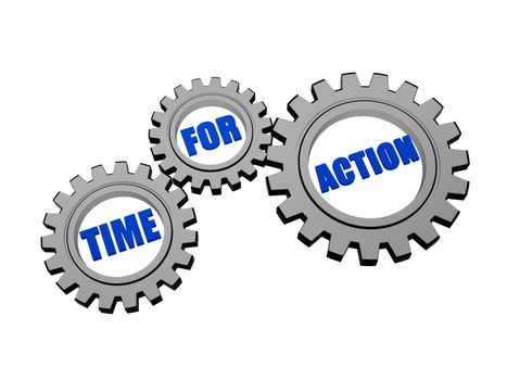 time for action - words in 3d silver grey metal gear wheels, business motivation concept