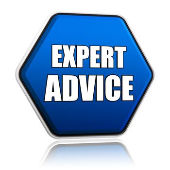 expert advice - 3d blue hexagon button with white text, business consult concept words