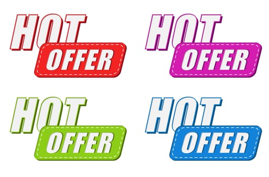 hot offer in four colors labels, business shopping concept, flat design