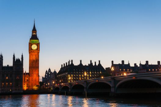 Big Ben, famous clock tower of Houses of Parliament in London at night, United Kingdom