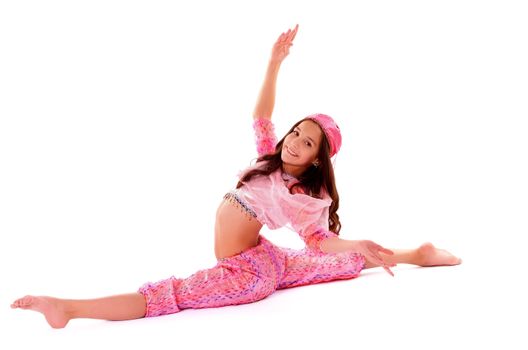 Young Girl Do Splits in Pink Oriental Costume on white background