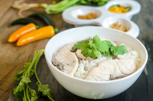 Rice Soup With sea  fish (Thai food) on wood
