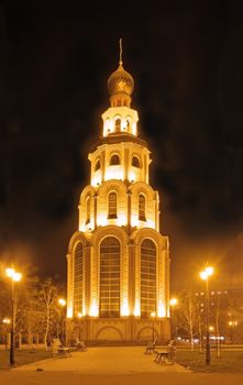 Night view of the bell tower building in Krivoy Rog in Ukraine in Europe