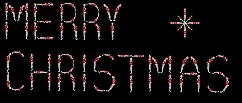 Merry Christmas inscription created with women dressed in Santa Claus costume