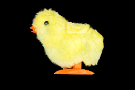 Close-up of a yellow fluffy chick toy, side view.