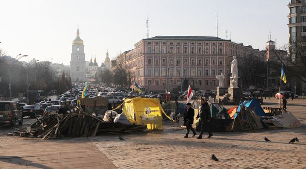 KIEV, UKRAINE - DECEMBER 24: Barricades on Khreshchatyk during anti-governmental and pro-European integration protests on December 24, 2013 in Kiev, Ukraine