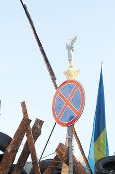 KIEV, UKRAINE - DECEMBER 24: Barricades on Khreshchatyk during anti-governmental and pro-European integration protests on December 24, 2013 in Kiev, Ukraine