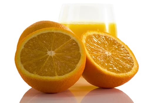 macro orange fruit with glass isolate on white
