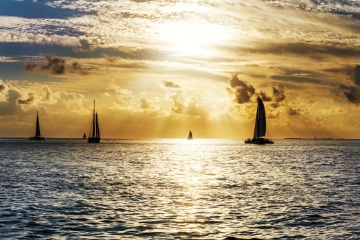 Sailboat and disherman in the sea at sunset, Key west bay, Floride, USA 